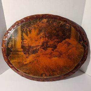 Vintage shellac wood art lady, knight & dog 20.5" x 16.25"